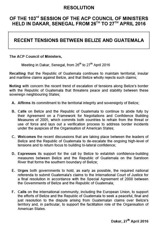 Belize Welcomes African, Caribbean Pacific Resolution Belize Guatemala Dispute