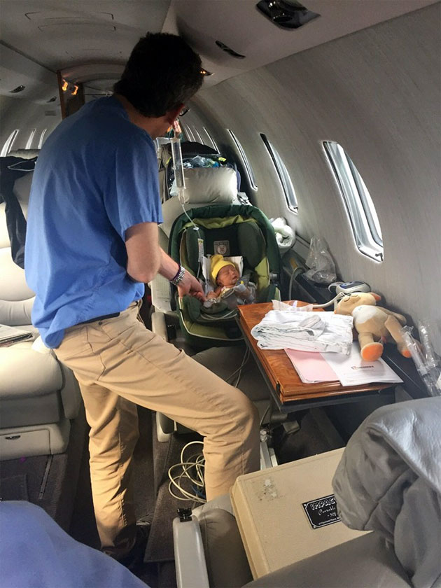 Baby Shamir on board private jet enroute to Virginia Commonwealth University in Richmond A Christmas Miracle for Baby Shamir Born with Incomplete Esophagus