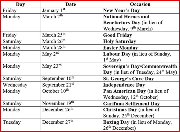 Belize Public and Bank Holidays 2015 Belize Public and Bank Holidays 2015