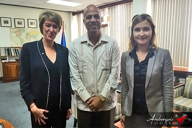 Prime Minister Hon. Dean Barrow, Dr. Fanny Douvere, Head UNESCO World Heritage Marine Program, Dr. Elena Osipova, IUCN World Heritage Program Government Pledges to Remove Belize’s Barrier Reef from World Heritage in Danger List