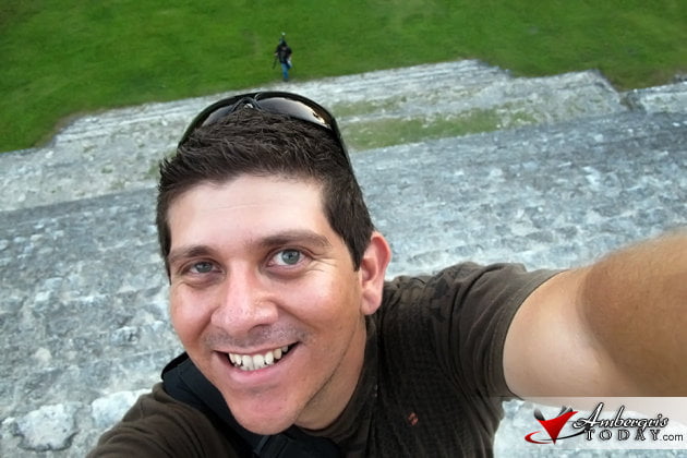 Dorian climbs Caana Temple three times during the trip Maya Spring Equinox at Caracol Maya Site, Belize
