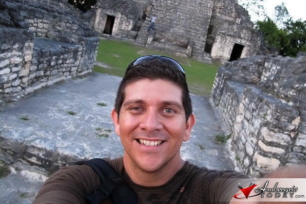 Resting at 2/3 way up the Caana Temple Maya Spring Equinox at Caracol Maya Site, Belize