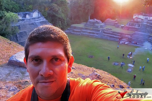Dorian enjoys the Spring Sunrise at Caracol Maya Site Maya Spring Equinox at Caracol Maya Site, Belize