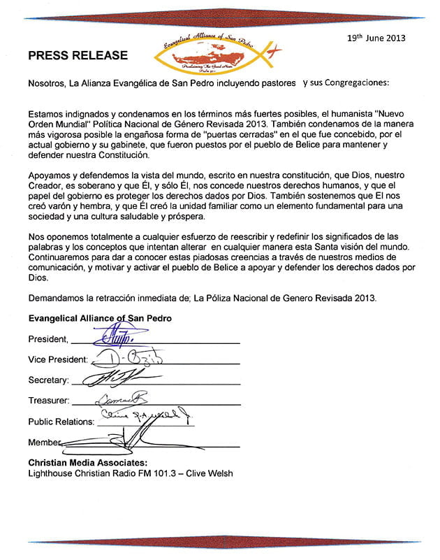 Evangelical Alliance of San Pedro Objects Belize’s National Gender Policy