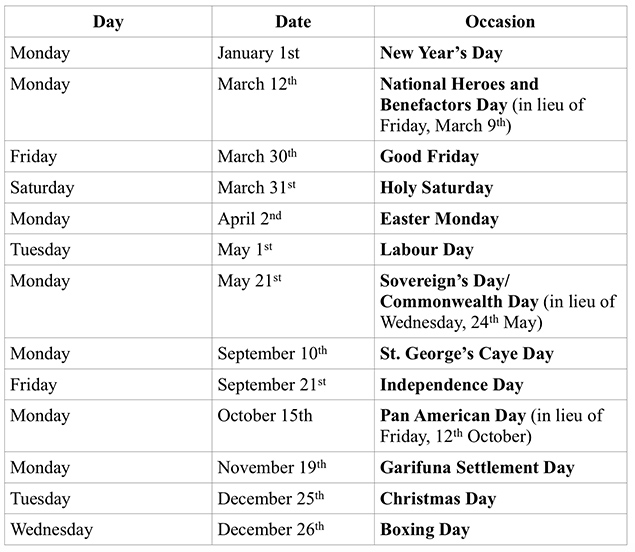 Belize Public and Bank Holiday Schedule 2018 1 Belize Public and Bank Holiday Schedule 2018