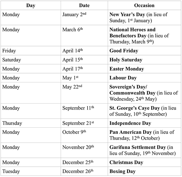 Belize Public and Bank Holidays 2017