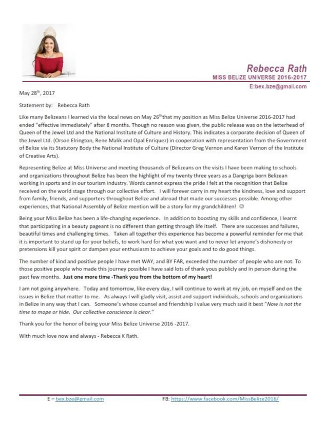 Miss Belize Rebecca Rath’s Reign Cut Short as Pageant Director Speaks Out