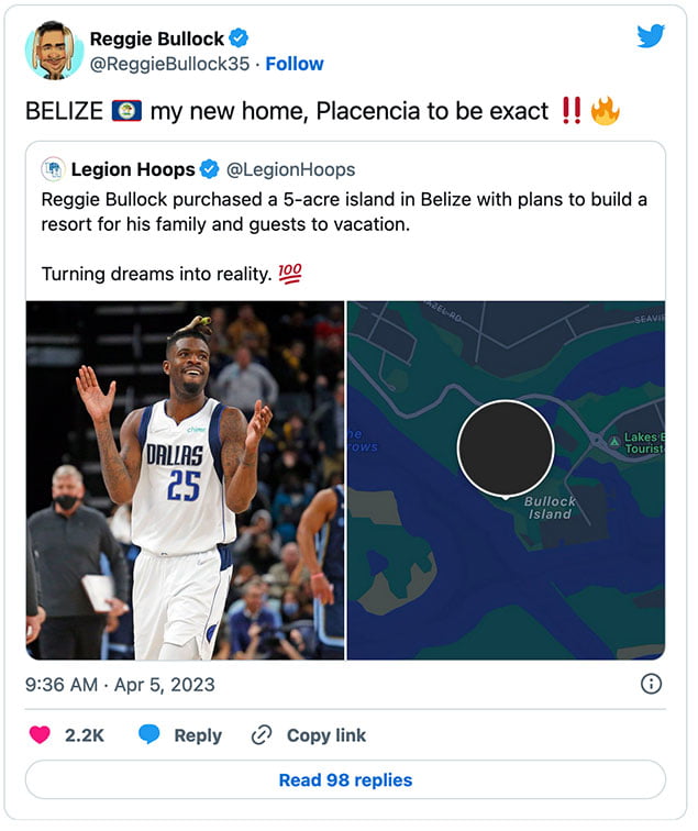 Dallas Mavericks Reggie Bullock Owns Island in Belize 1 Dallas Mavericks Reggie Bullock Owns Island in Belize