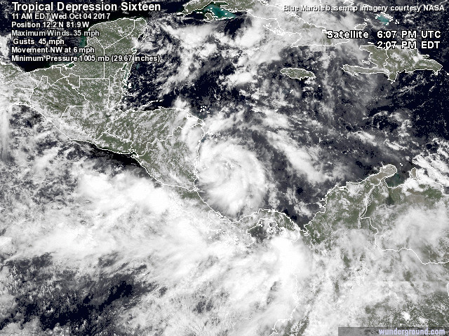 NEMO Issues Tropical Depression Advisory (TD 16) Forms Off Nicaragua Coast