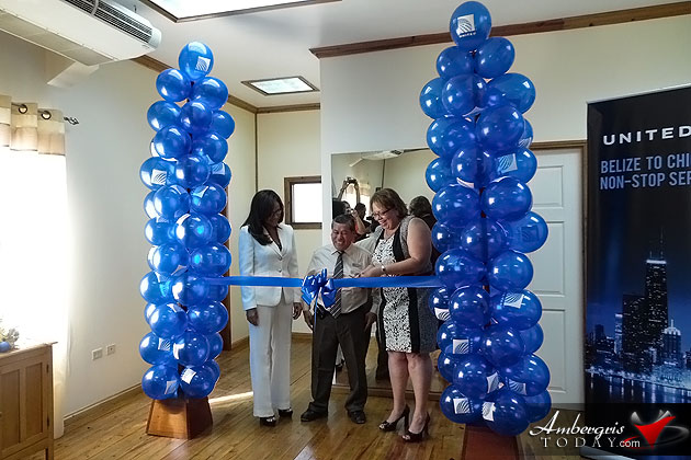 Indira Craig and Tracey Teager-Panton partake in the ribbon cutting for the inaugural flight of United Airlines Direct flight from Chicago to Belize United Airlines Inaugurates Belize to Chicago Direct Flight