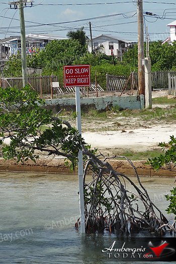 No Wake Zone Signs posted along San Pedro Lagoon