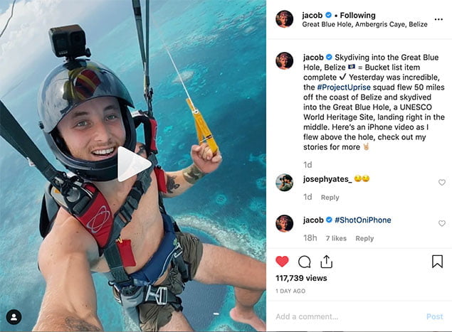 Famous Photographers Skydive the Belize Blue Hole, Jacob Riglin