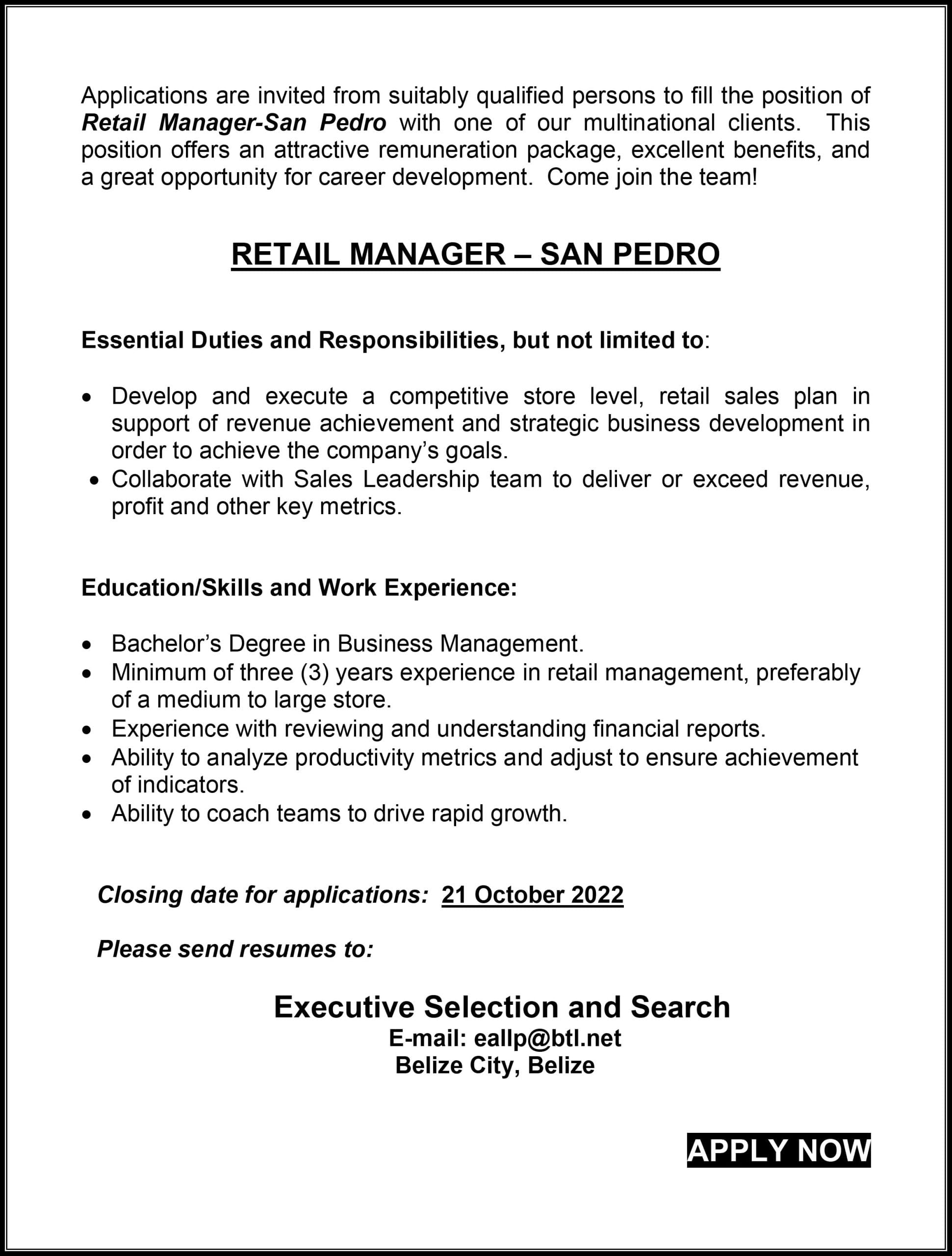 Vacancy Available Retail Manager San Pedro