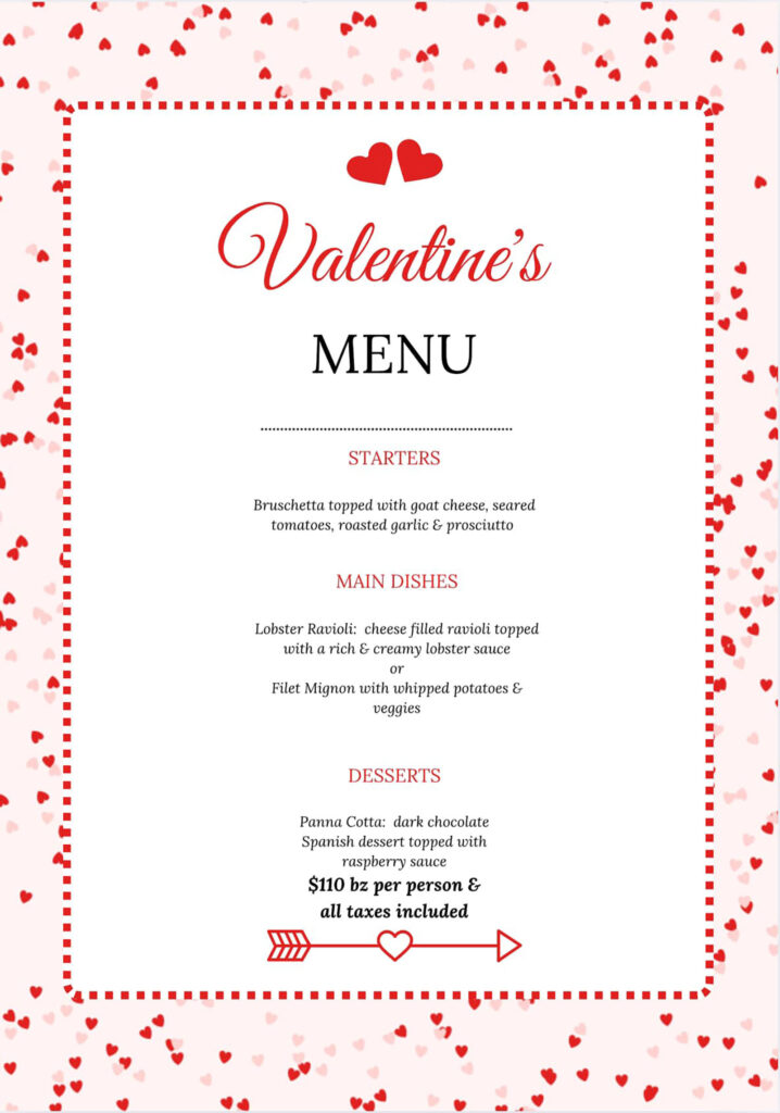 Valentine's Day Menu 2025 San Pedro Belize